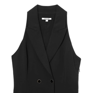 Elegant black sleeveless blazer dress with notched lapel and double-breasted buttons