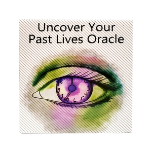 Macro view of Uncover Your Past Lives Oracle card with watercolor eye and clock illustration
