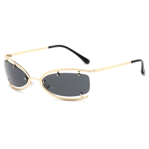 Frameless oval Y2K sunglasses with champagne gold hollow frames and dark grey lenses