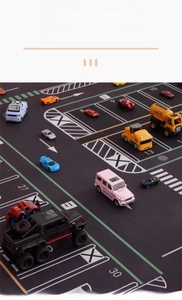 Detailed top view of kids city road play mat with various colorful toy cars