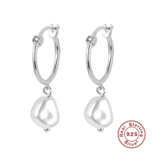 Baroque freshwater pearl drop earrings in S925 sterling silver with minimalist hoop design