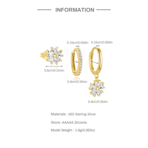 Detailed view of 925 silver earrings set with gold plating, zircons and size specifications
