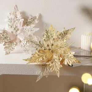 Golden and pink 30cm artificial Christmas flowers with glitter for tree decoration