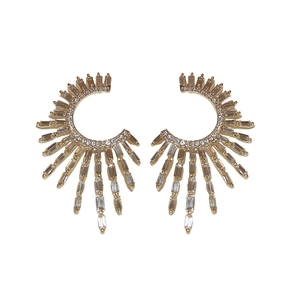 Luxurious gold C-shaped earrings featuring rectangular cubic zirconia in a sunburst pattern