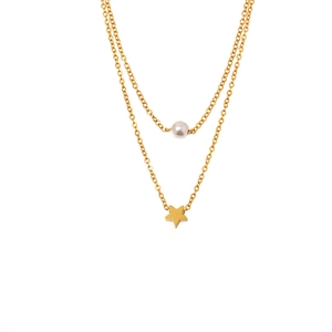 Double-layer 18K gold plated titanium necklace with white pearl and star pendants