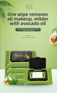 Detail of avocado makeup remover wipes pack with 80 pieces and convenient flip top lid