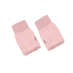 Pink plush fingerless knit gloves for women with thumb holes for winter warmth