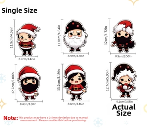 Detailed size chart showing dimensions for six cartoon Christmas wall stickers in cm and inches