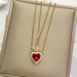 Titanium sword and red heart pendant necklace set with sparkling zircon in gold finish