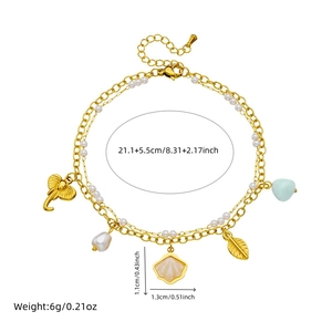 Double-layer stainless steel anklet with elephant, shell, and pearl charms in gold finish