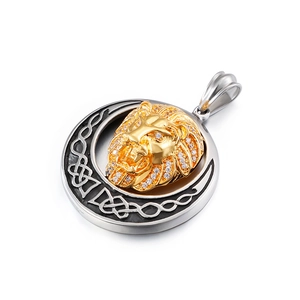 Men's hip hop gold lion head pendant necklace in stainless steel with crystal accents