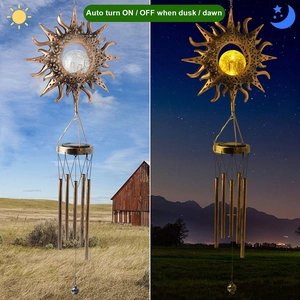 Solar moon wind chime detail showing auto on-off sensor during day and night view