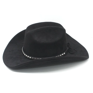Detail of black faux suede cowboy hat featuring silver pyramid studs on the decorative band