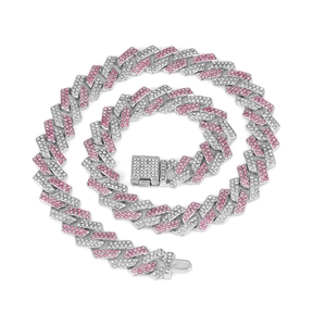 Macro shot of 15mm Cuban link chain featuring alternating clear and pink gemstones