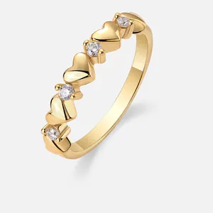 925 Sterling Silver Gold Plated Heart Band Ring With Round Moissanite Stones For Women Fashion Jewelry Gift