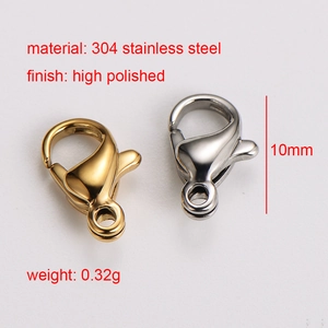 Polished 304 stainless steel lobster clasps in gold and silver, length 10mm, weight 0.32g