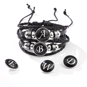 Multilayer Braided Leather Bracelet Initial Letter Glass Snap Button Hematite Beads Adjustable Punk Jewelry Men Women