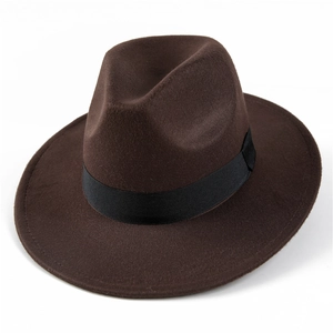 Detailed side view of dark brown wool fedora with black grosgrain ribbon trim