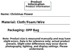 Detailed specifications table for artificial Christmas flower ornaments made of cloth and foam