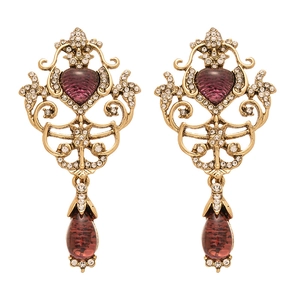 Vintage Baroque gold earrings with purple resin heart and drop stones with crystal rhinestones