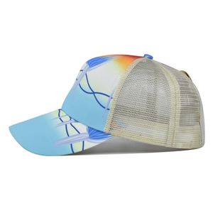 Cappellino trucker blu con motivo astratto e rete traspirante per coda di cavallo