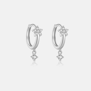 Detailed close-up of S925 sterling silver flower hoop earrings with clear round crystals
