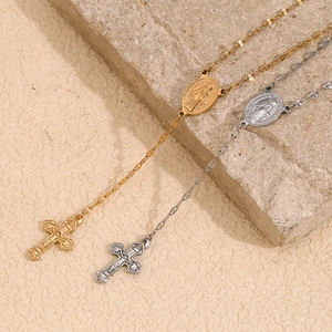 18K gold plated and silver stainless steel rosary necklace with medal and cross pendant