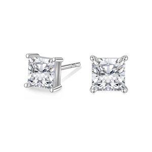 Detailed view of 925 sterling silver princess cut square stud earrings with four-prong setting