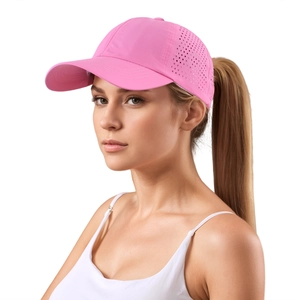 Detail of pink quick-dry baseball cap with laser-cut ponytail hole for women
