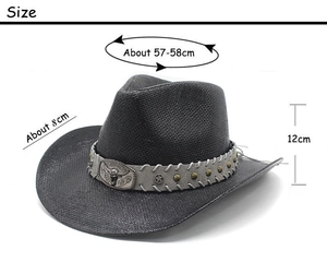 Detailed sizing chart for a black woven cowboy hat with bull buckle and star studs