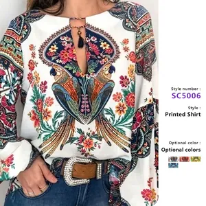 Chemisier Bohème Femmes Polyester Manches Lanternes Glands Col En V Imprimé Perroquet Floral Chemise Décontractée
