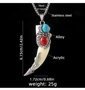 Detailed specs of wolf tooth necklace with turquoise inlay and stainless steel chain