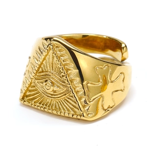 Men's gold stainless steel All-Seeing Eye ring with side cross engraving in vintage style