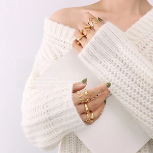 Minimalist gold U-shaped wave open ring set with heart and geometric designs