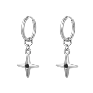 Detail view of silver titanium hoop earring with star pendant and black stone inlay
