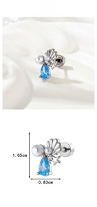 Detail showing starfish and pearl stud earring with blue zircon and size dimensions