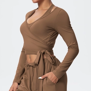 Women's brown wrap V-neck long sleeve sports yoga set with crossover tie detail