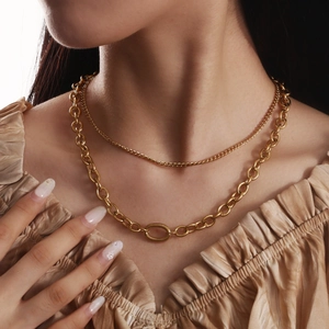 Double-layered 18K gold plated stainless steel necklace featuring thick link chains
