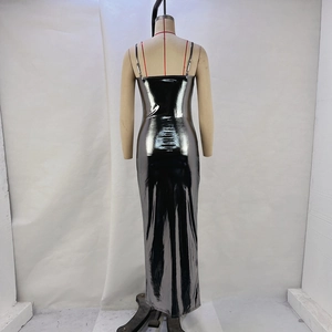 Rear view detail of a silver metallic slim fit maxi dress with thin spaghetti straps