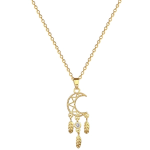 Golden dreamcatcher necklace with moon pendant, feathers, and diamonds on a white background
