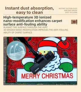 Staubsaugen einer robusten Weihnachtsmatte mit Weihnachtsmann und Merry Christmas-Text