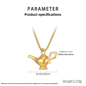 Macro view of golden Aladdin magic lamp pendant with star patterns on square pearl chain