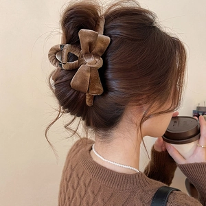 Large brown velvet bow hair claw clip for thick hair, French retro style hair accessory