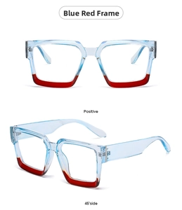 Front and 45-degree angle view of square glasses frames in blue and red gradient design