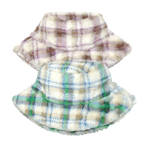 Winter faux fur bucket hat with classic plaid pattern in purple and blue tones
