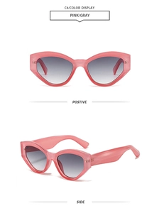 Front and side views of pink cat eye sunglasses with grey gradient lenses in detail