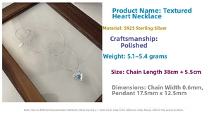 Detailed specs of S925 silver heart necklace with blue gemstone and 38cm chain