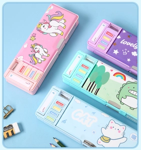 Detail view of colorful dual-layer pencil cases with mechanical buttons and cute prints