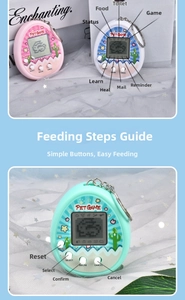 Detail showing UI icons and button functions for the pink and blue virtual pet handhelds