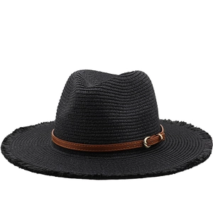 Classic black straw fedora sun hat with fringed brim and brown leather band detail